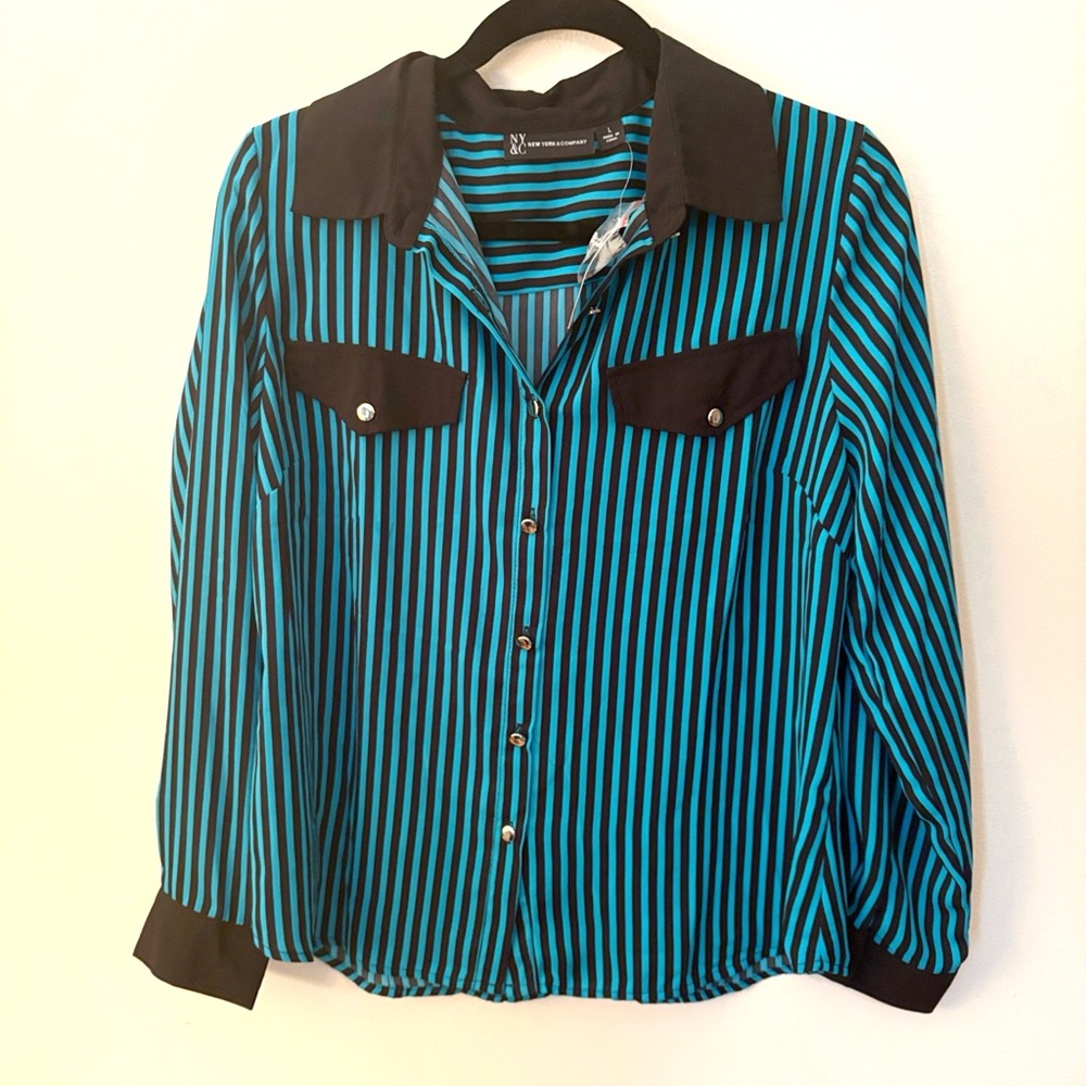 New York & Company Black and Teal Striped Women's Button Down Shirt